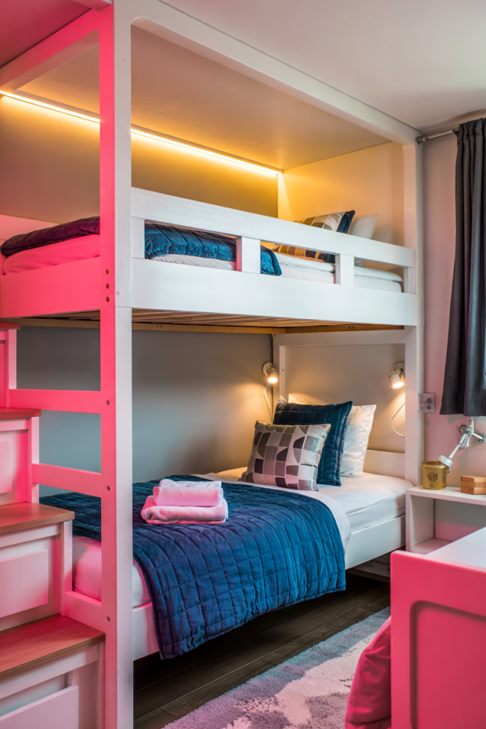 small bunk bed room with built in lights