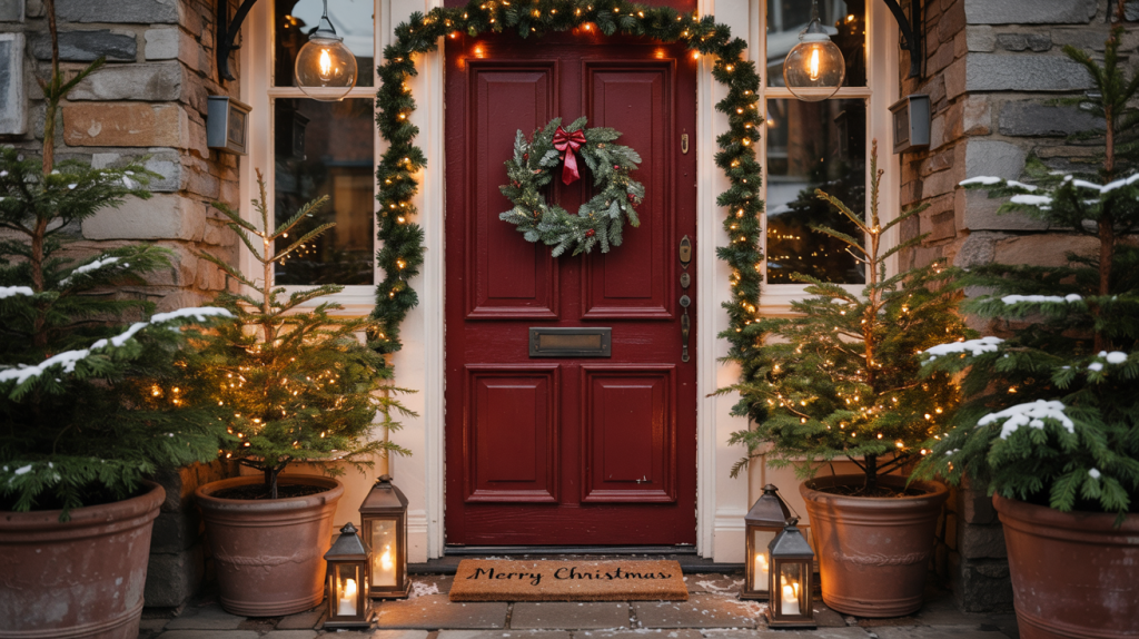 7 Christmas Decorations for the Front Door: Festive Ideas to Welcome Guests in Style 8 a photograph of a quaint deep red front tngjZnIBR ydrcN6vKaoTQ VefF OfBRZSU8 QjlME3IA