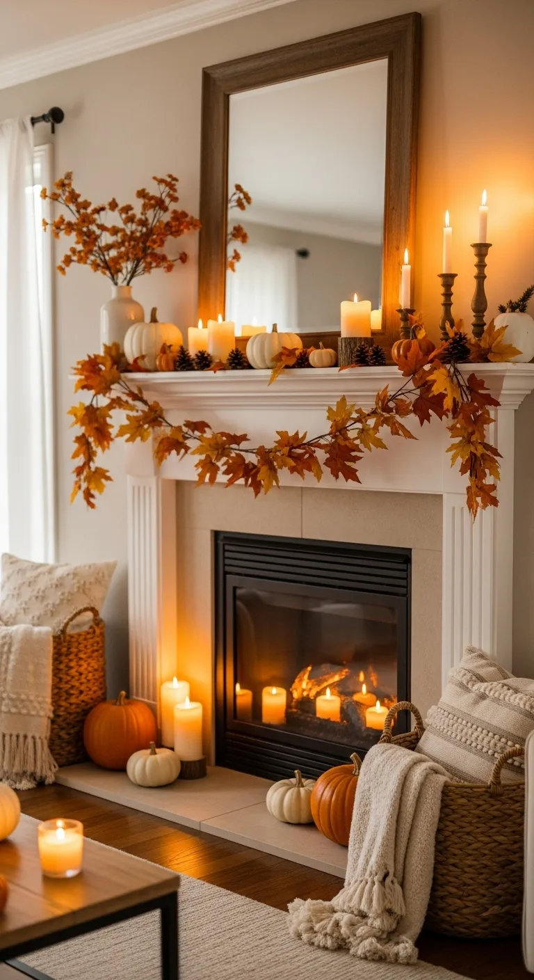 Cozy fall mantel decorated with pumpkins, candles, and autumn garlands in warm earthy tones for a welcoming autumn home vibe.
