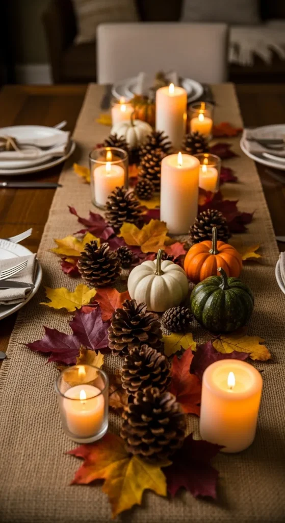 10 Creative Thanksgiving Table Runner Ideas to Make Your Feast Sparkle! 4 A Natural Burlap & Pinecone Path (Earthy & Organic)