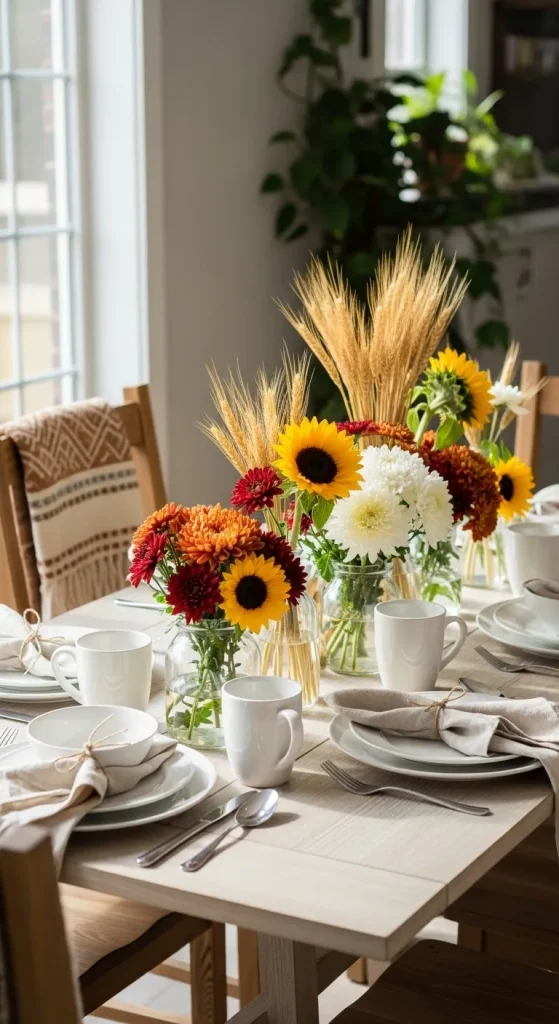 10 Creative Thanksgiving Table Runner Ideas to Make Your Feast Sparkle! 7 A Simple Trail of Fall Flowers (Boho Chic & Fresh)