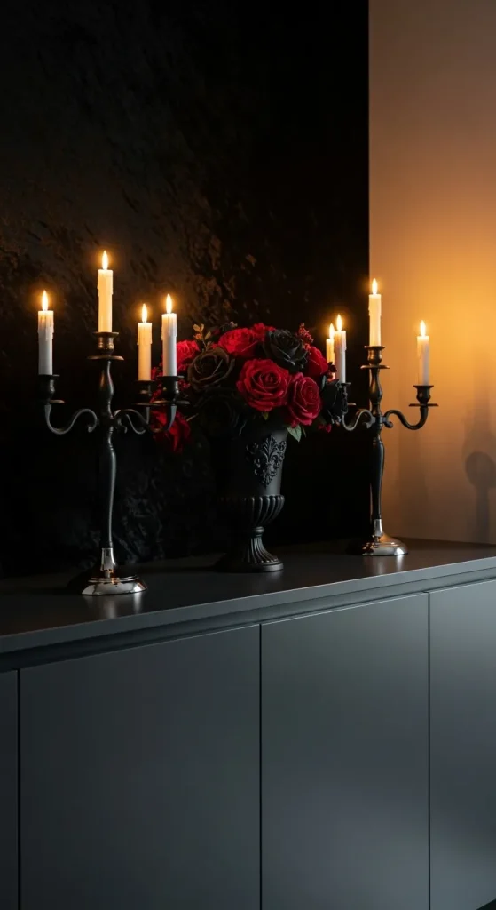 Gothic Halloween kitchen with dark flowers and candles