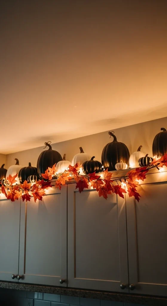 Soft orange and lights illuminating pumpkins and leaves displayed on top of kitchen cabinets for Halloween.