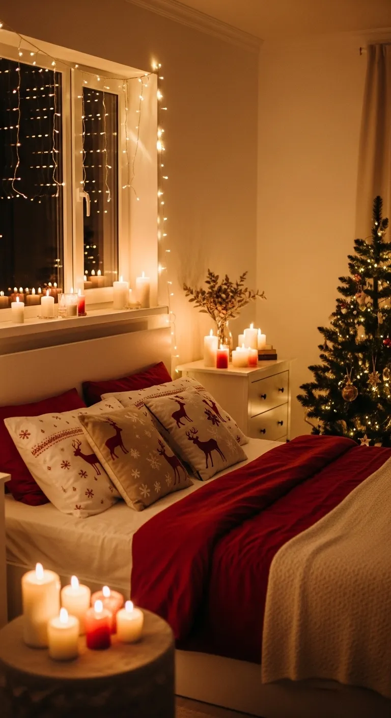 Romantic Christmas bedroom with red and white bedding, fairy lights, and festive decor for couples.”