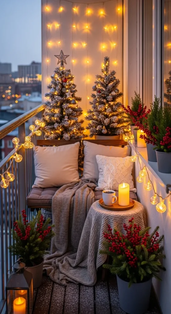 Balcony decorated with string lights and Christmas décor creating cozy glow.