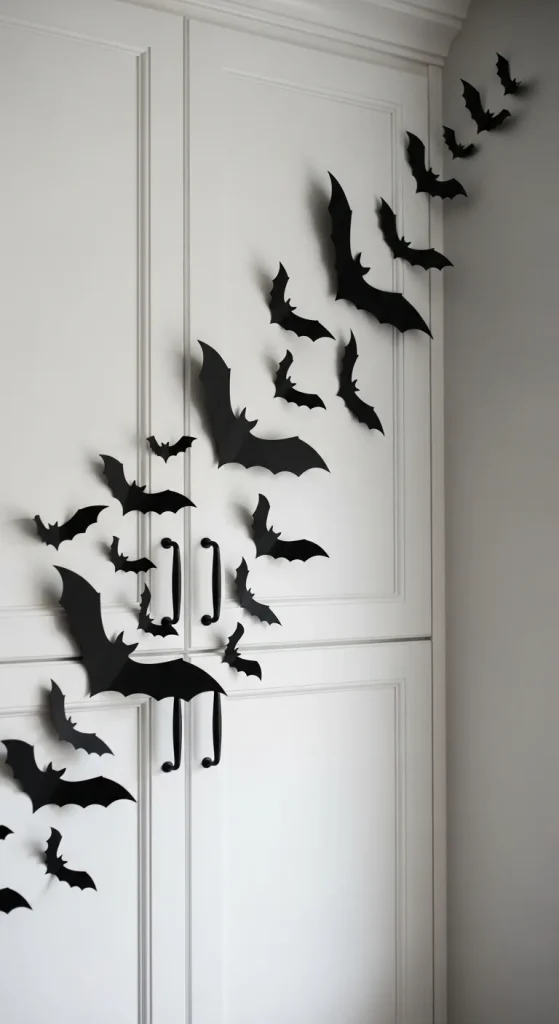Halloween kitchen cabinets decorated with flying bat cutouts.
