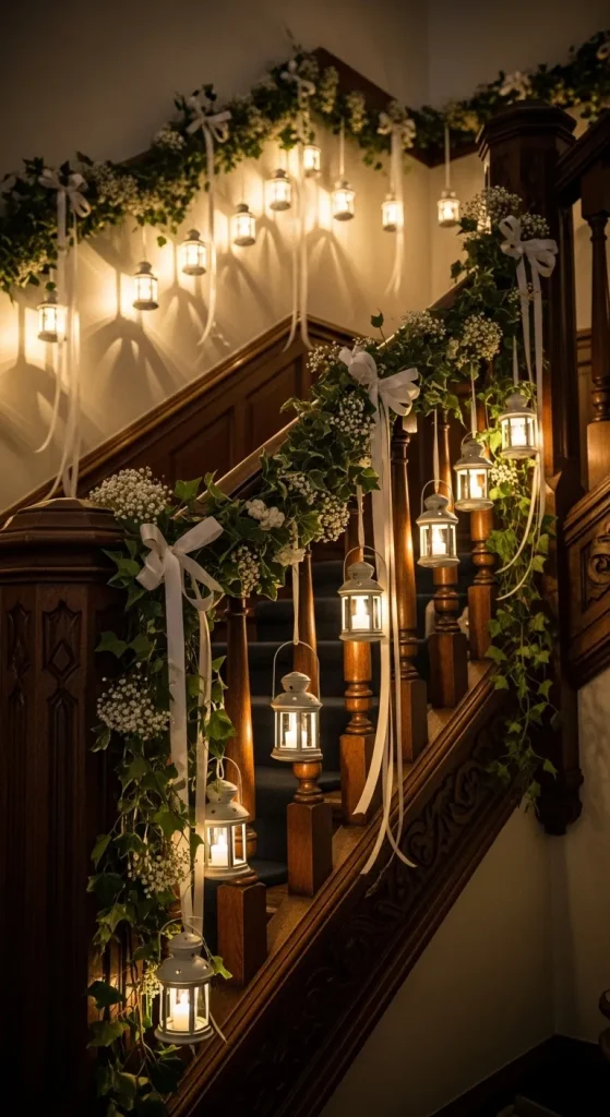 Mini battery-powered Christmas lanterns hanging from ribbons and garlands