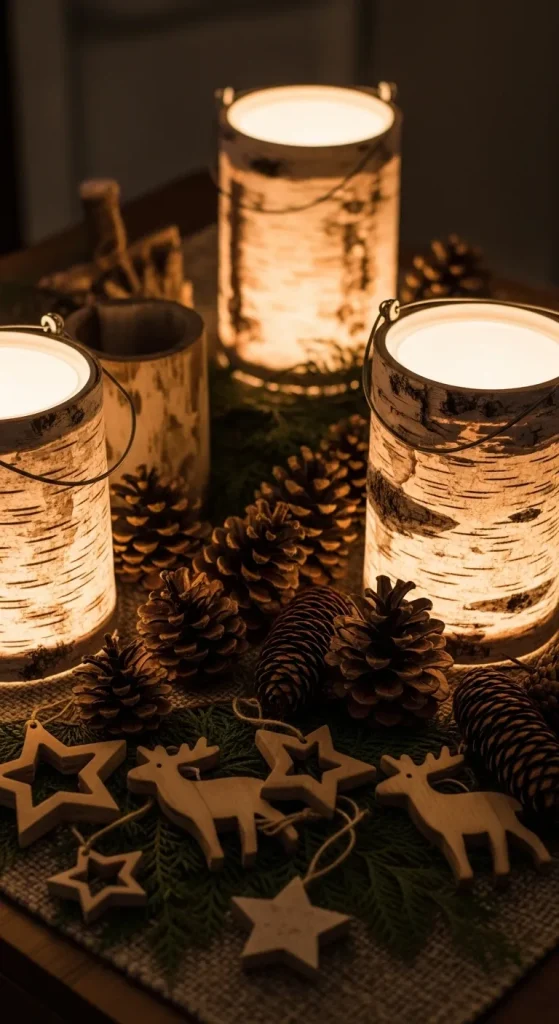 Birch bark Christmas lanterns glowing with rustic winter forest charm