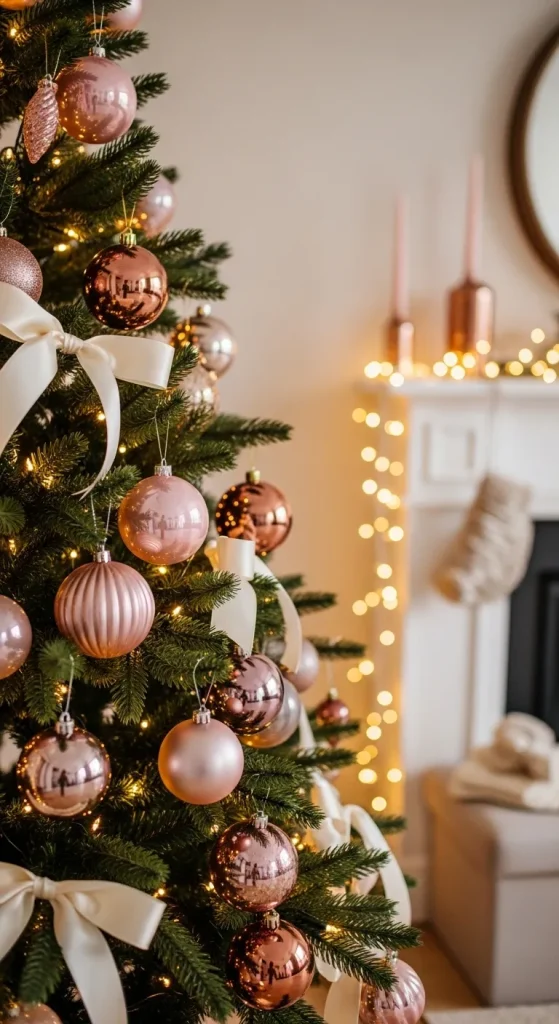 Blush pink and copper Christmas tree theme featuring rose gold and cream ornaments for a chic and inviting 2025 look.