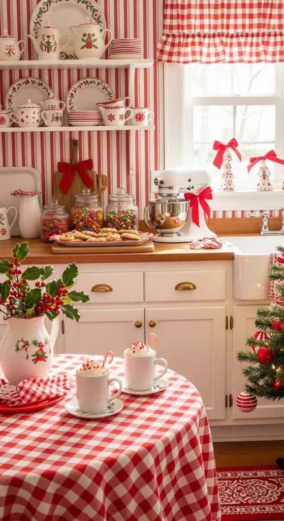 Fun red and white candy cane Christmas wallpaper, ideal for kitchens or dining areas with a sweet festive theme