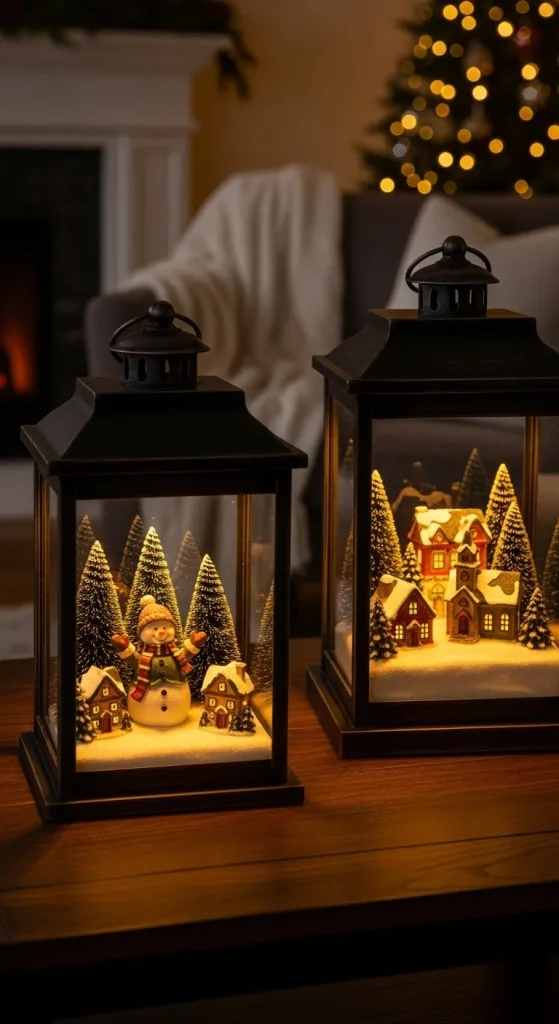 christmas lanterns with miniature village scenes glowing in cozy décor