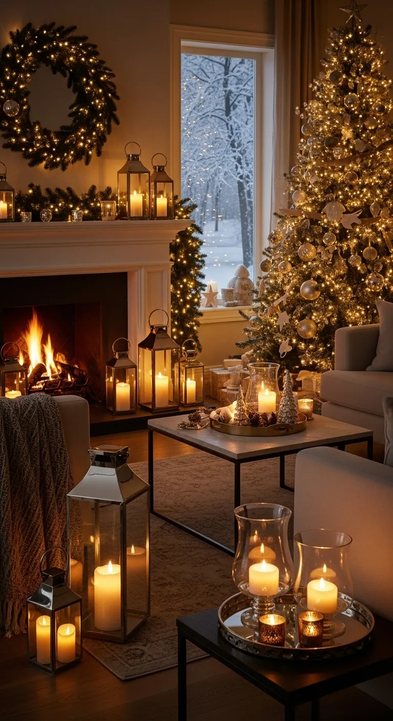 Cozy living room glowing with trendy 2025 Christmas lanterns, fairy lights, and holiday décor.” 1️⃣ Warm Wood and Glass Lanterns