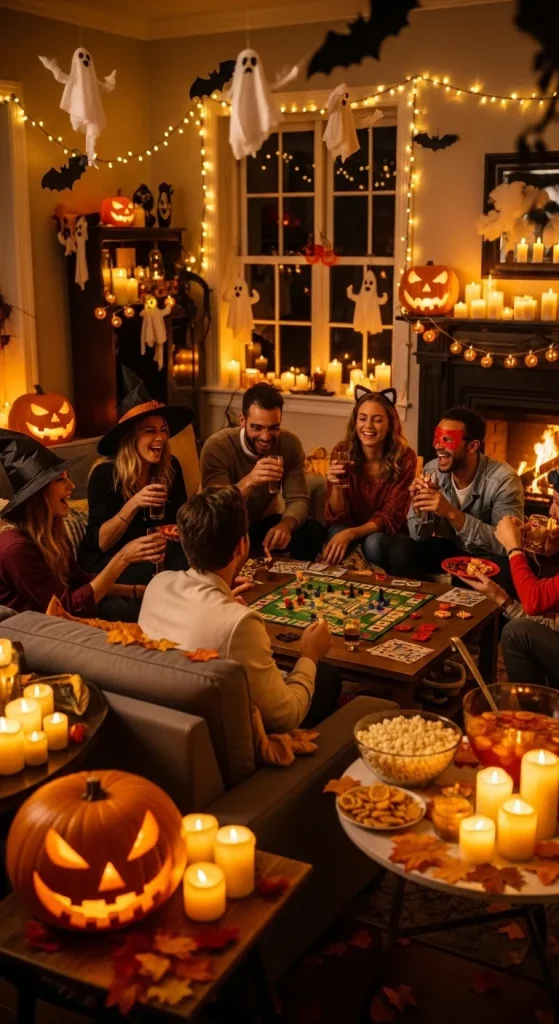 “Friends enjoying a Halloween party in a cozy, decorated living room