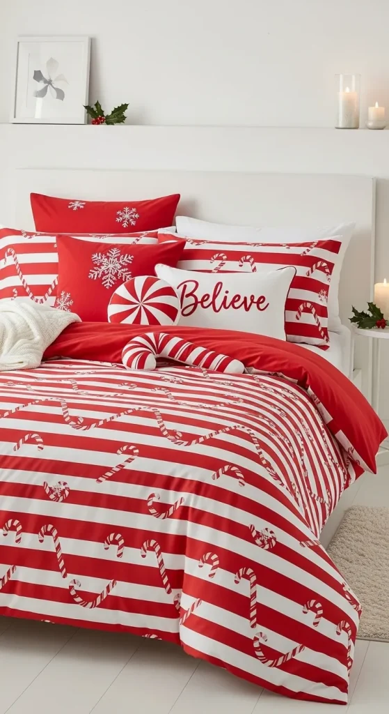 Candy cane-inspired red and white Christmas bedding set in festive bedroom.”