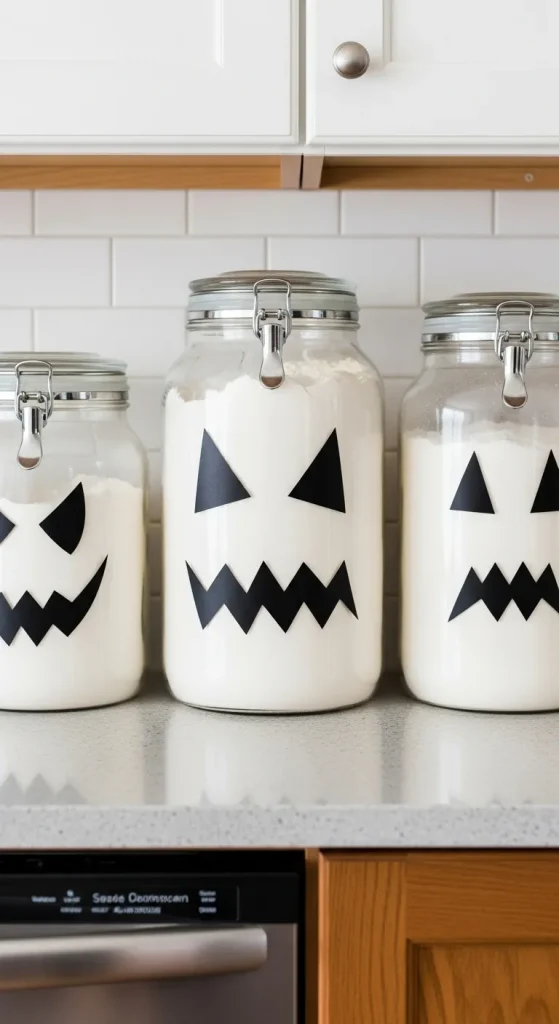 Kitchen canisters decorated with jack-o’-lantern faces using black vinyl for DIY Halloween storage decor.