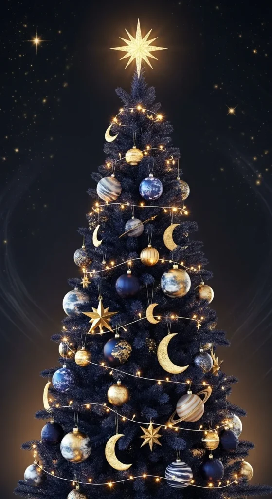 Celestial Christmas tree decorated with moon and star ornaments in midnight blue and gold for a starry night look.