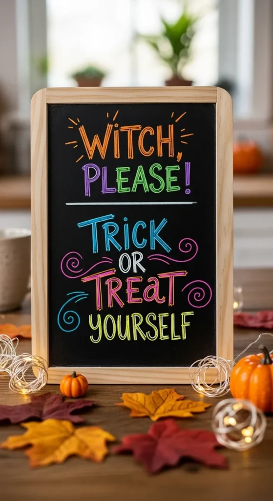Halloween chalkboard sign with funny spooky quotes written in bright chalk markers.