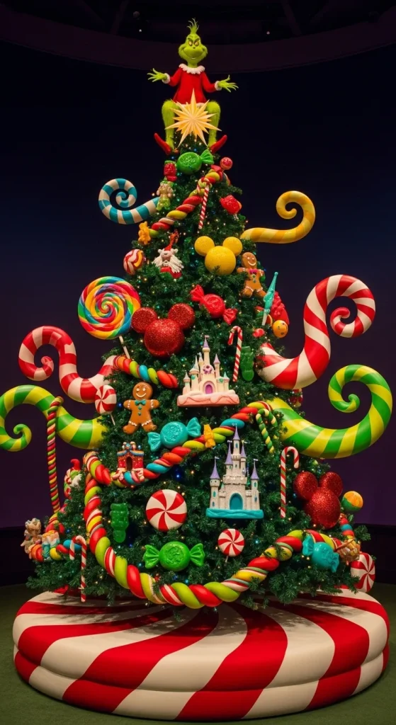 Storybook Christmas tree featuring Candyland and Disney-inspired ornaments for a magical kids’ holiday theme.