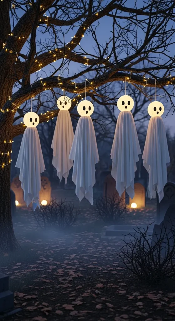 Floating cheesecloth ghosts hanging in a yard as simple DIY outdoor Halloween decorations.