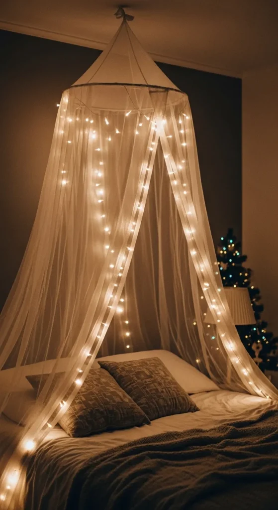Mirror framed with fairy lights reflecting Christmas decorations.