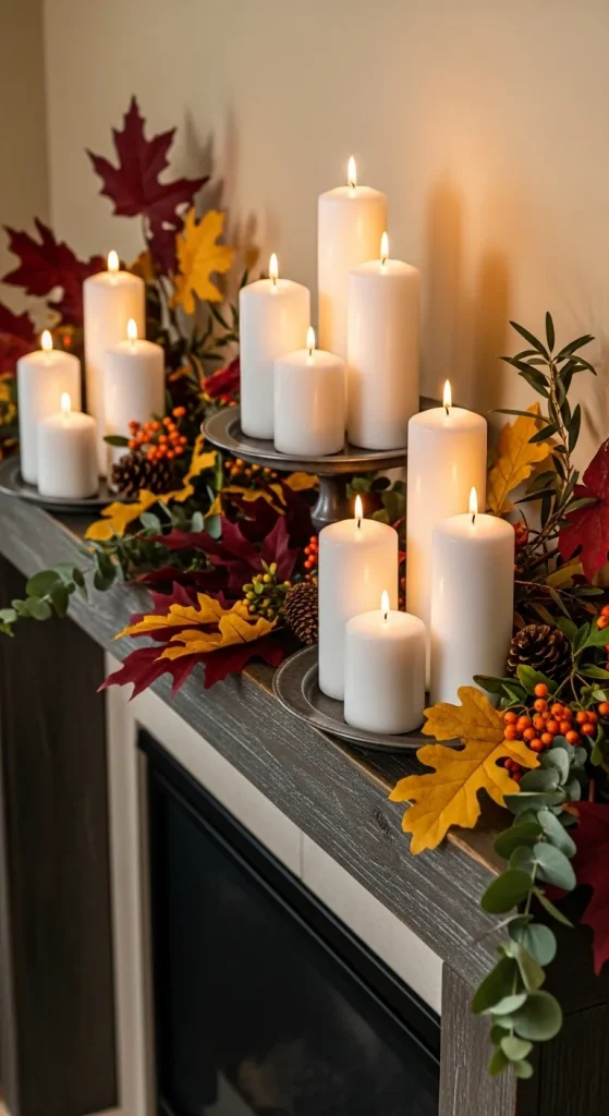 Tall white candles arranged on a decorative tray near a fireplace creating a peaceful Thanksgiving ambiance.
