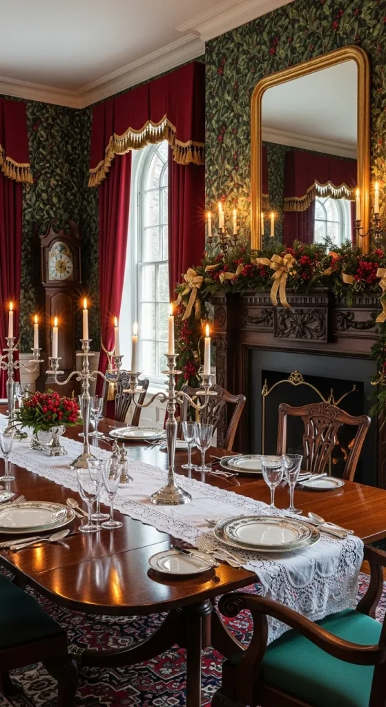 Traditional Christmas wallpaper featuring rich green holly and red ivy patterns for a timeless festive home style