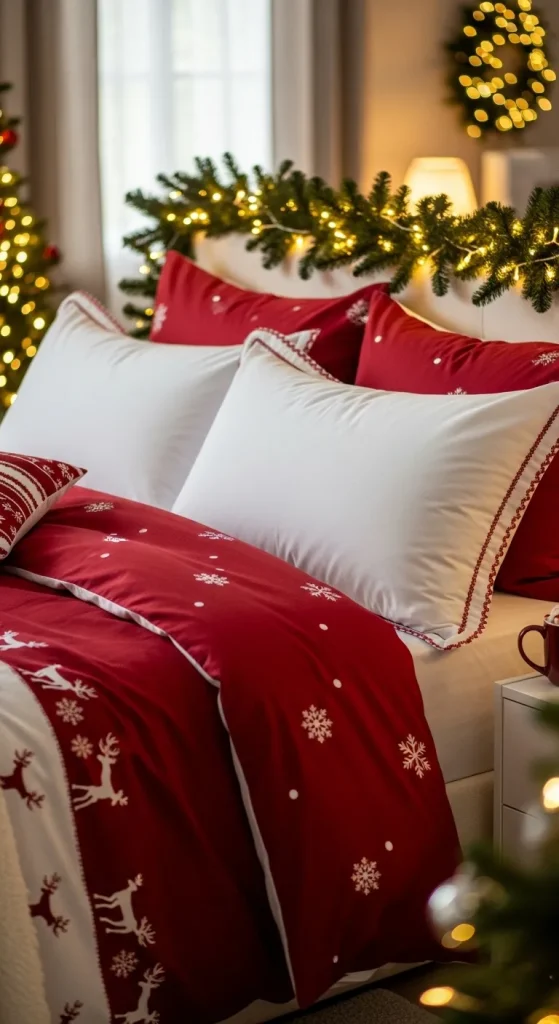 Classic red and white Christmas bedding set for couples with fairy lights and festive garland.”
