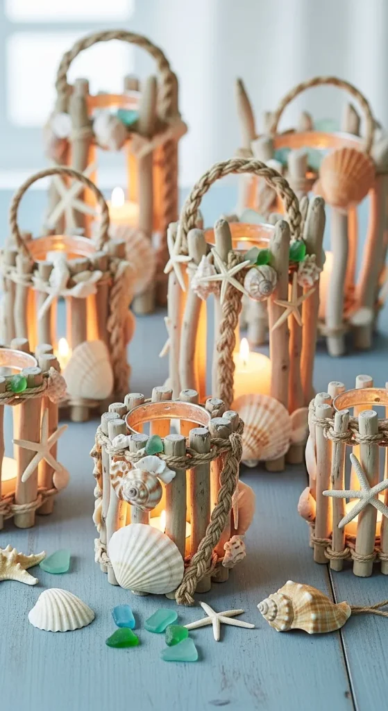 Driftwood Christmas lanterns with coastal décor and seashell holiday accents.”