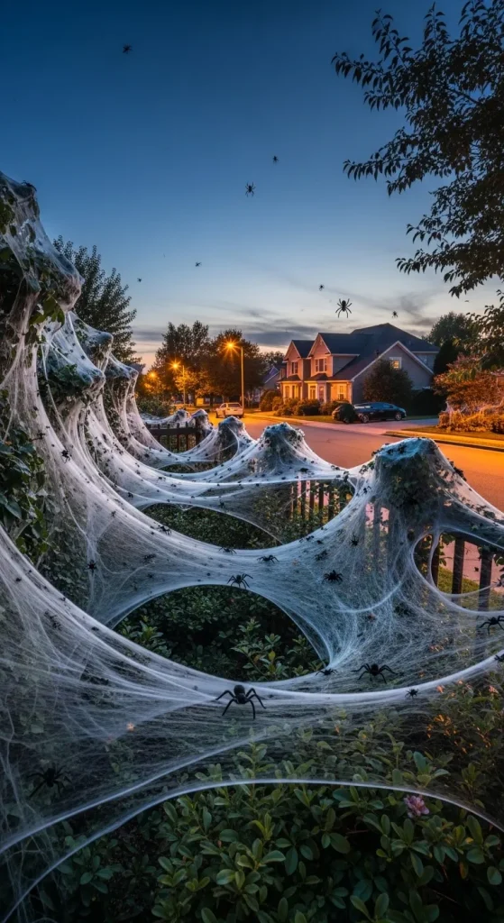 Outdoor bushes and fences covered in fake cobwebs with spiders for Halloween decor.