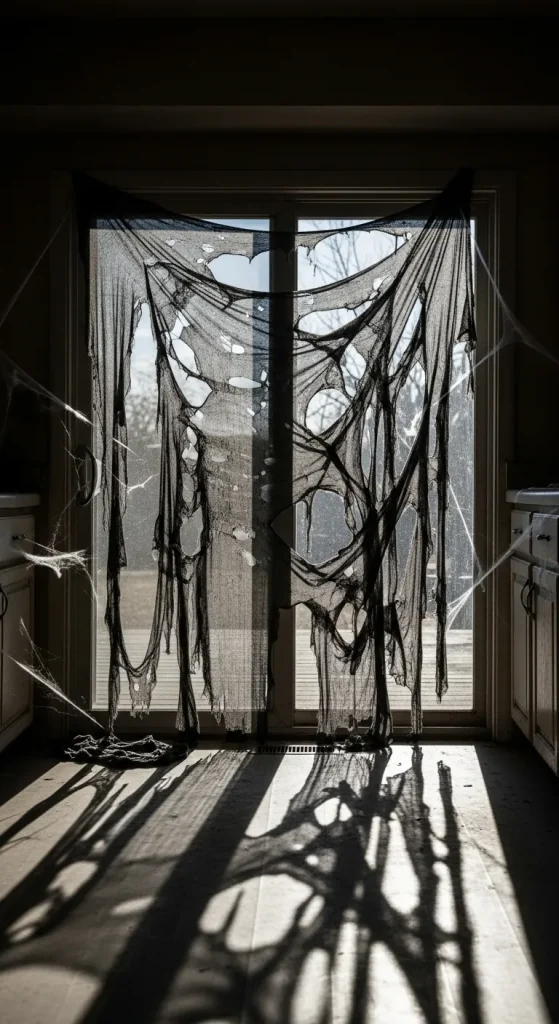 Kitchen window covered with gauzy cobweb curtains allowing eerie orange light to shine through.
