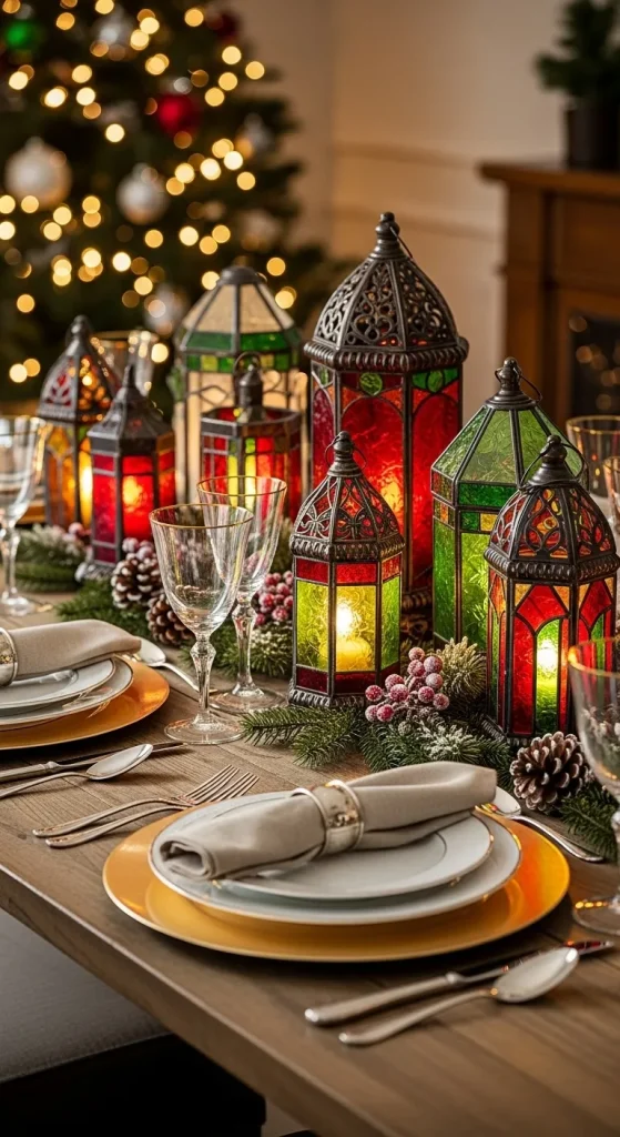 Colorful glass Christmas lanterns with red, green, and amber panels glowing warmly