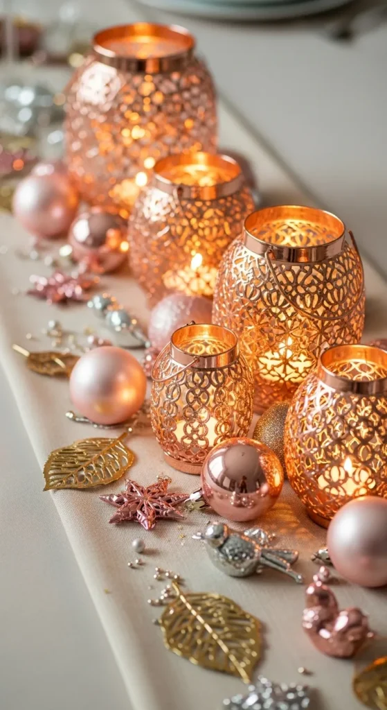 Copper and rose gold Christmas lanterns glowing with modern holiday décor