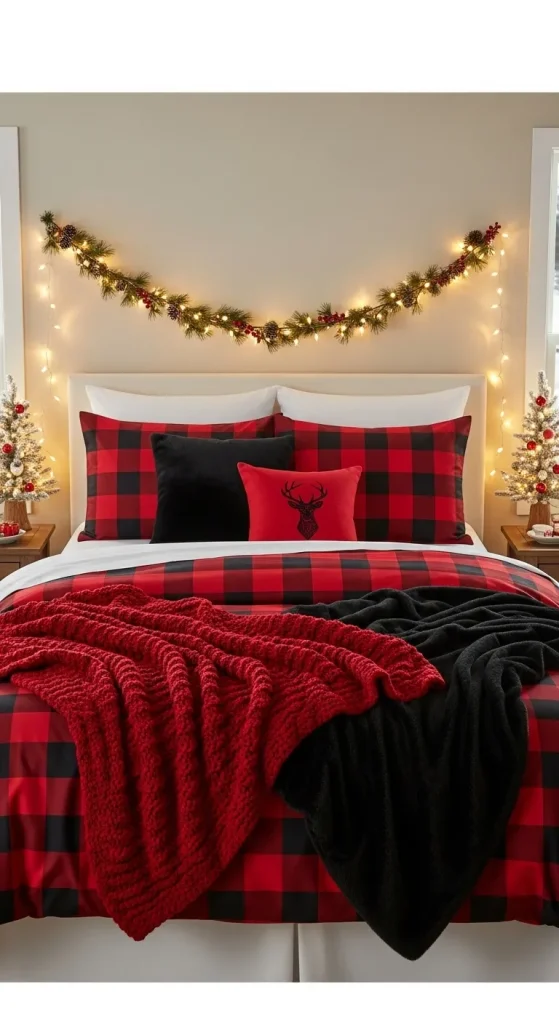 Matching checkered Christmas bedding sets for couples with cozy red plaid pattern.