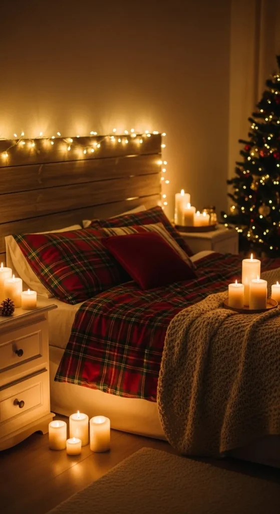 Cozy Christmas bedroom decorated with fairy lights and warm festive glow.