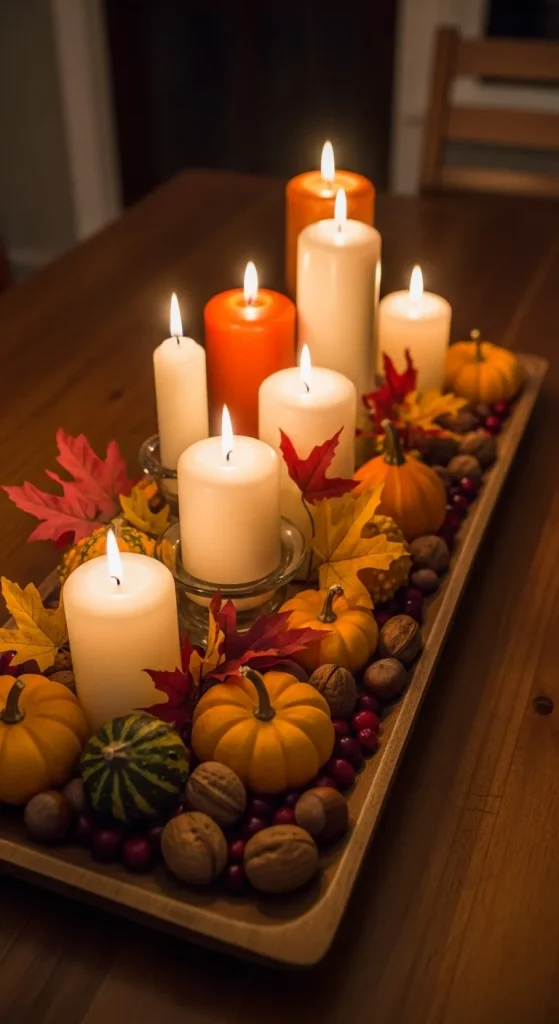 Thanksgiving table centerpiece with candles surrounded by mini pumpkins and cranberries creating a warm holiday glow.
