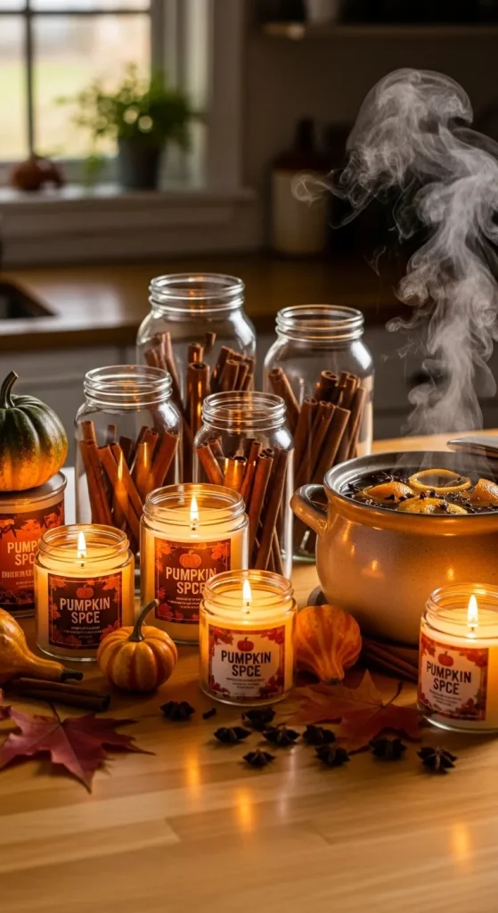 Halloween kitchen decorated with candles and simmer pot creating cozy pumpkin spice aroma.