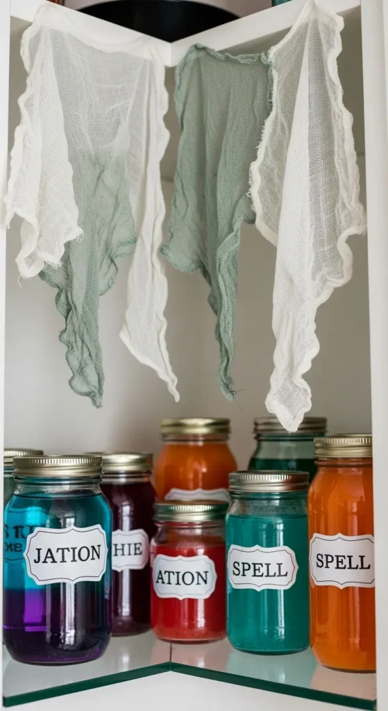 DIY Halloween cabinet decor crafts displayed in kitchen