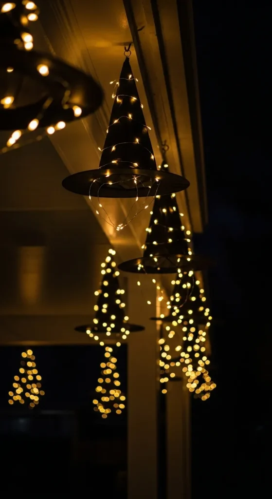 Glowing witch hats hanging with string lights on a porch for Halloween decoration.