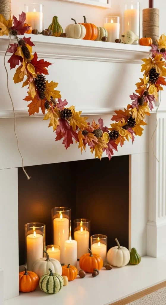 Handmade fall leaf garland with colorful autumn leaves strung on twine hanging across a mantle for Thanksgiving décor.