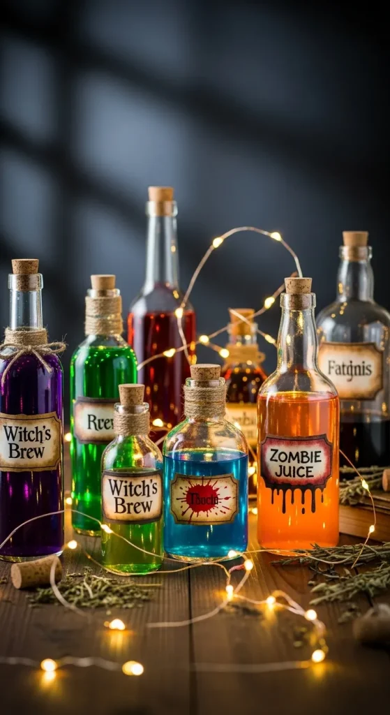 DIY potion bottles with spooky labels and glowing lights.