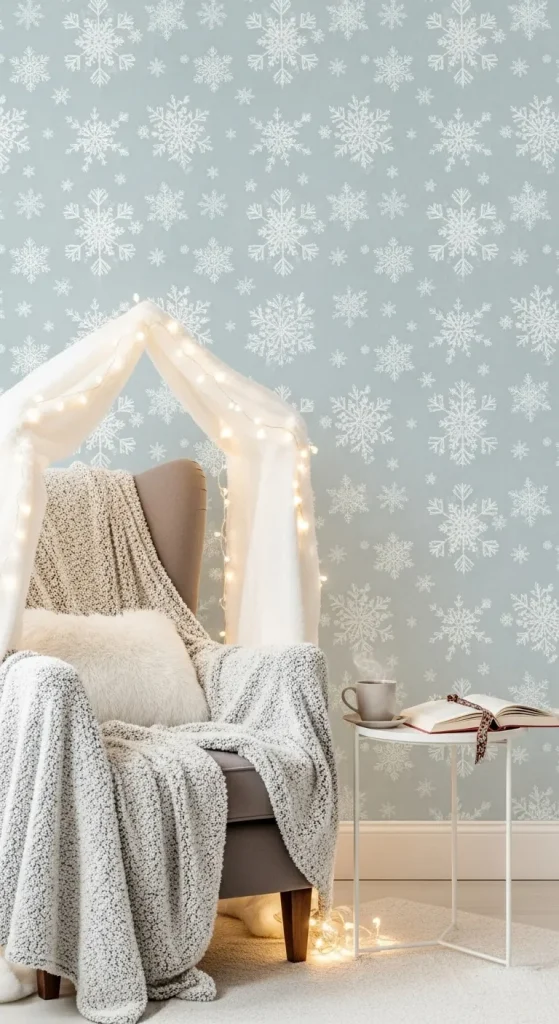 “Light blue Christmas wallpaper with delicate snowflakes twirling in a gentle winter pattern, perfect for cozy rooms.”