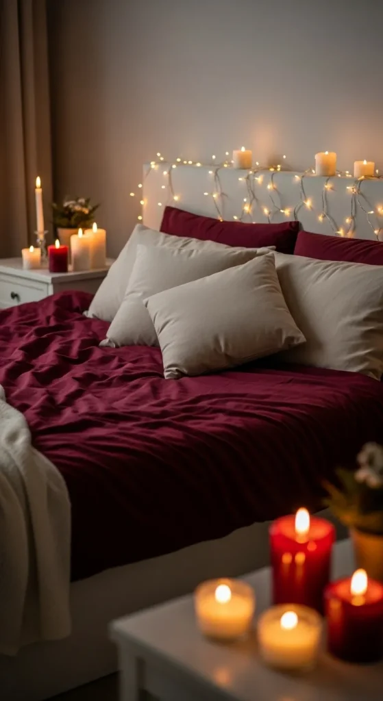 Burgundy Christmas bedding with candlelight and cozy romantic holiday vibe.”