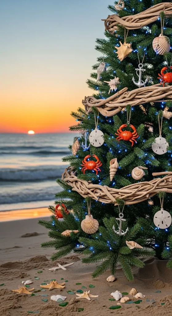 Nautical Christmas tree decorations featuring seashells, starfish, and draped driftwood garland over blue lights.