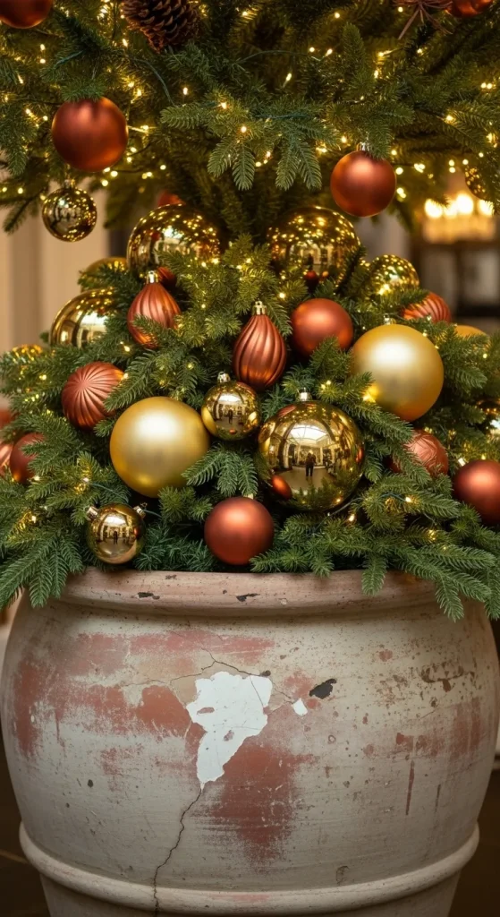 Elevated neutral Christmas tree decorations using earth tones like olive and terracotta, accented with rich brushed gold.