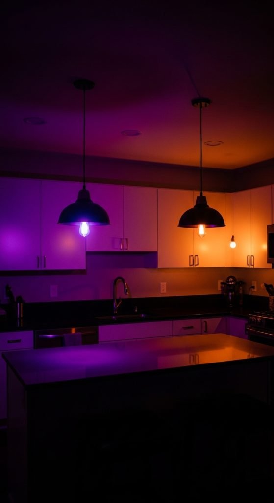 Kitchen with orange and purple LED bulbs casting eerie light for instant Halloween atmosphere.