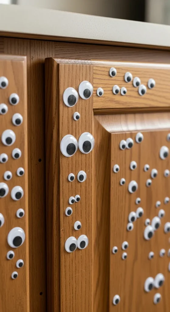 Googly eyes decorating kitchen cabinets for Halloween.