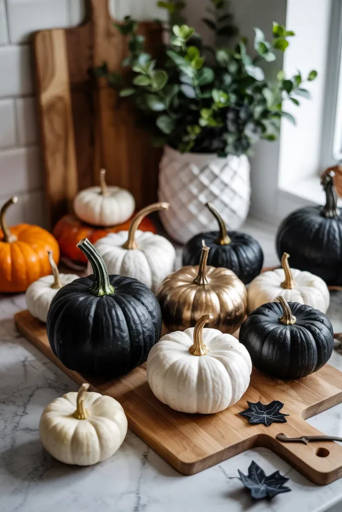 Matte black, white, and gold pumpkins styled on a modern kitchen island for elegant Halloween decor.