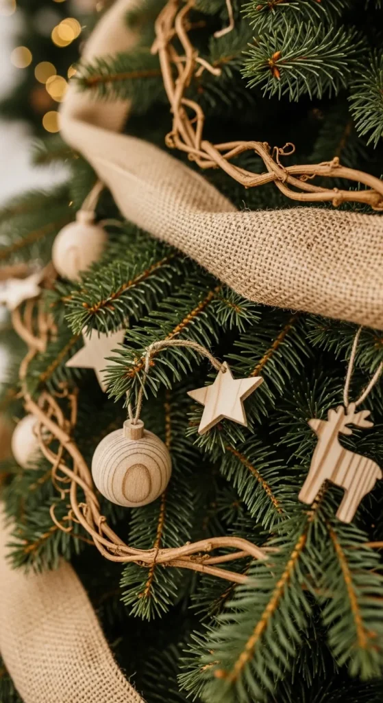 Natural texture Christmas tree decor with burlap and wooden ornaments for an earthy, grounded look.