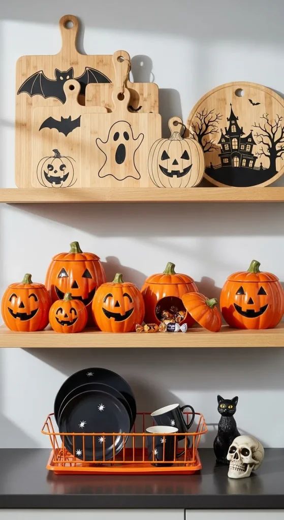 Everyday Halloween kitchen essentials including cutting boards, orange dish rack, and pumpkin containers
