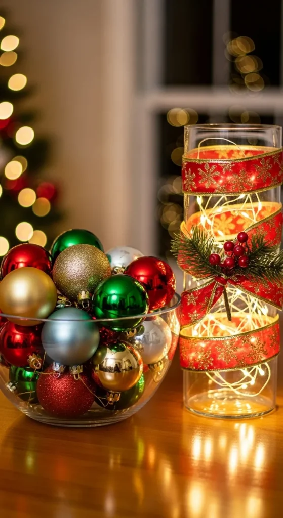 Everyday item elevation: clear glass bowls filled with ornaments and vases with festive lights as simple Christmas decor.